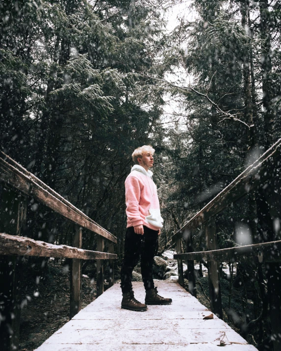 the woman is walking down the bridge in the snowy woods