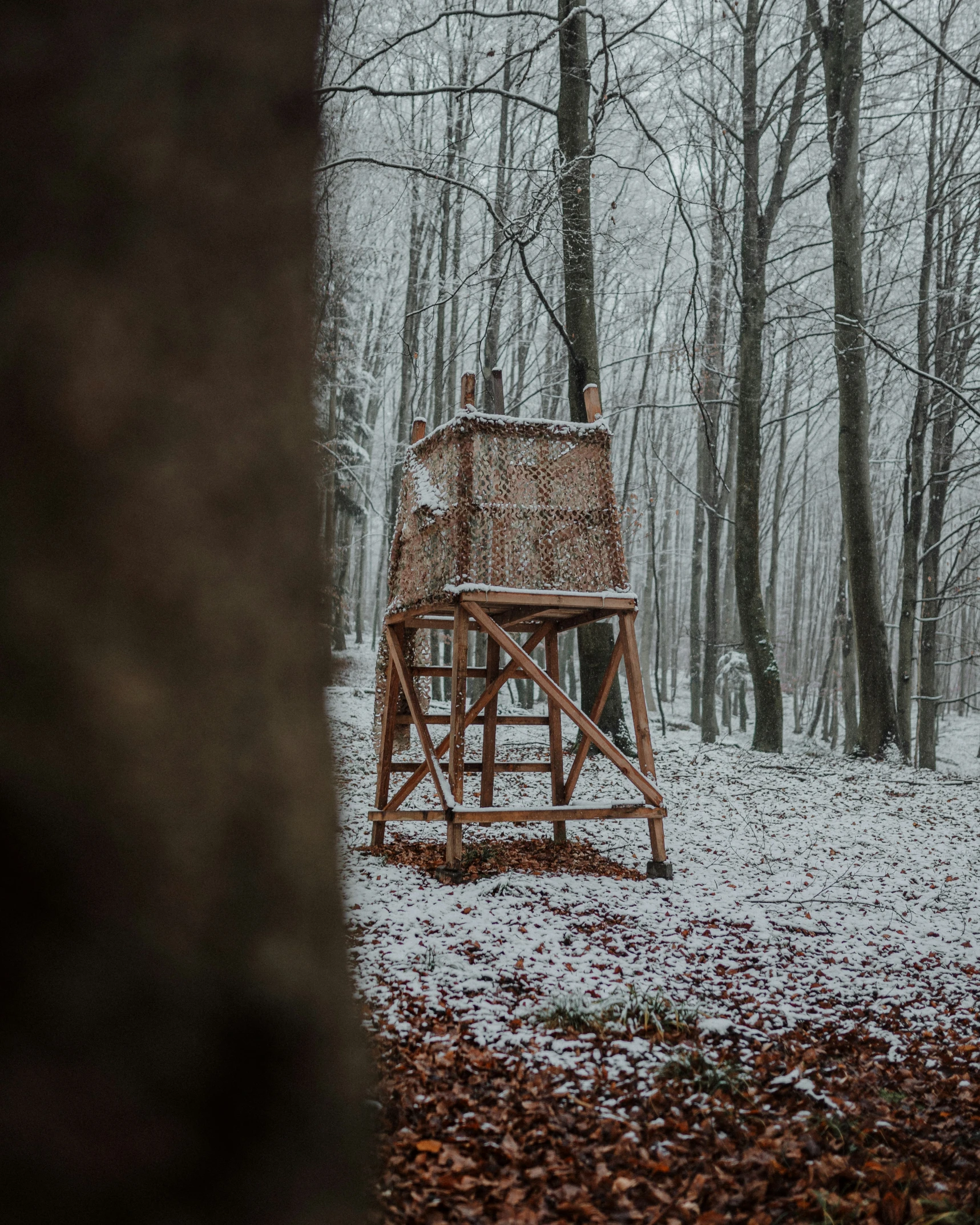 an outhouse built in the woods covered in snow