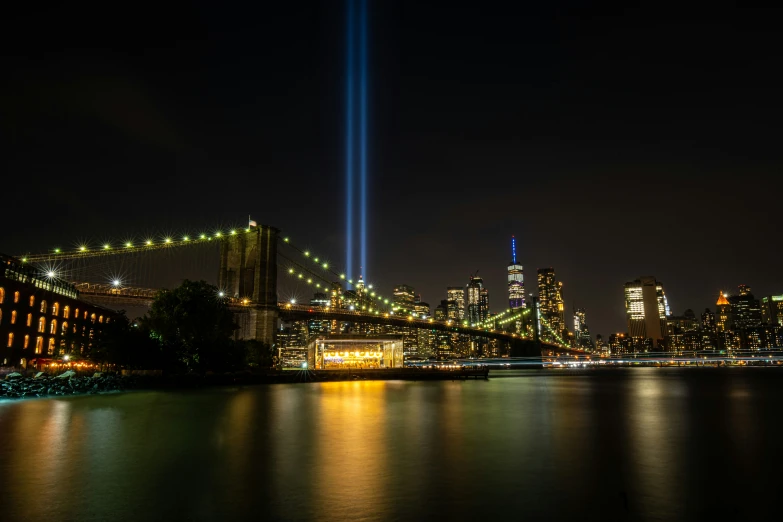 new york city at night with the tribute of those world war ii fallen in