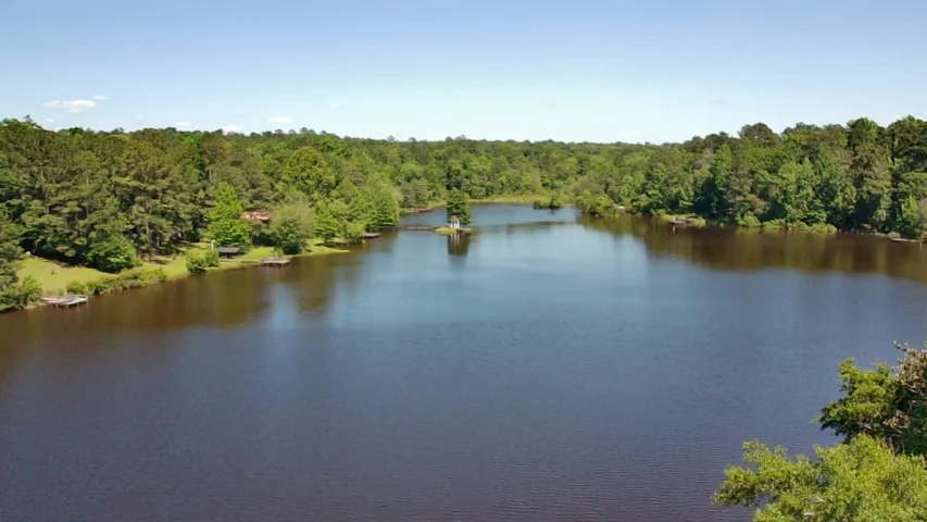 a view of a river with some trees and houses