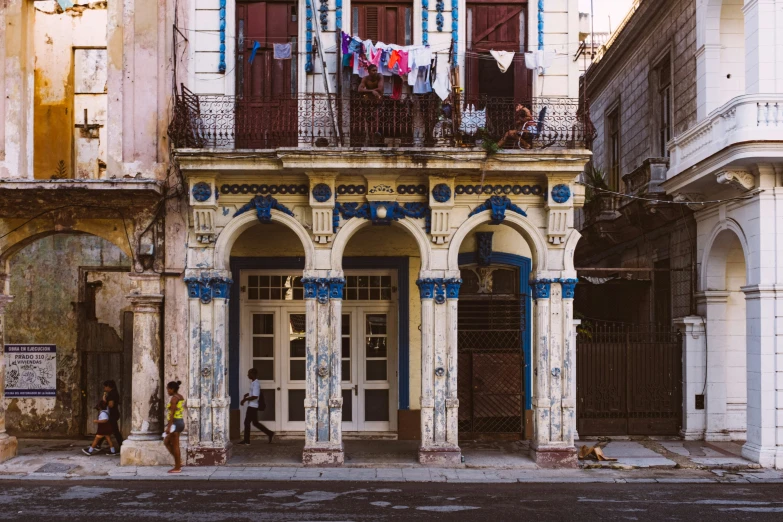 the building has many blue and white paint