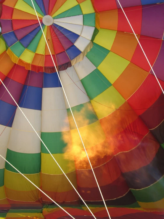 the inside of a colorful  air balloon in flight