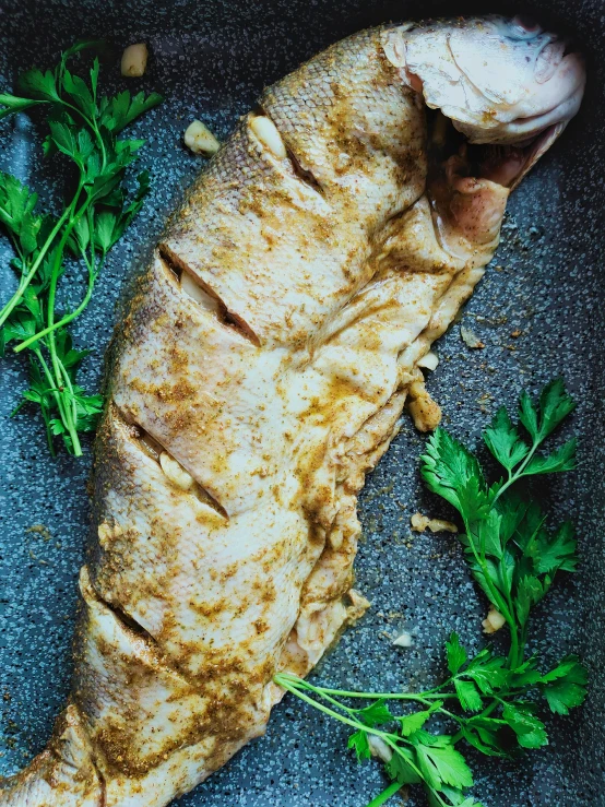 a close up of food that includes fish and greens