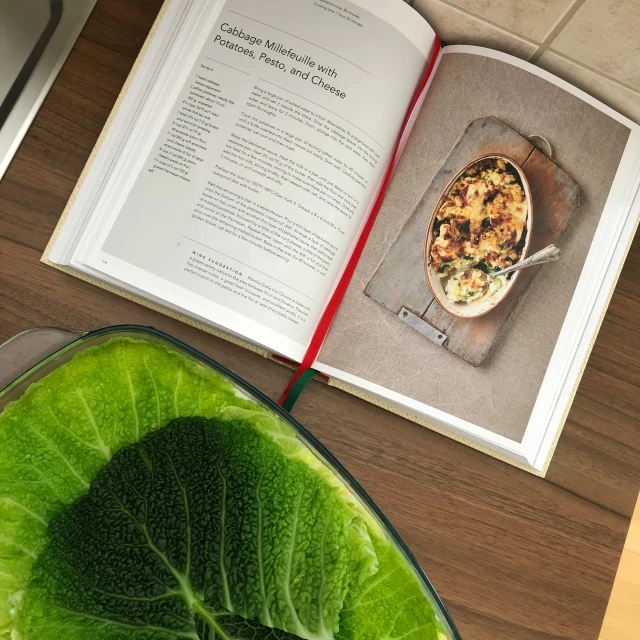 an open book about salad sits next to a plate of lettuce