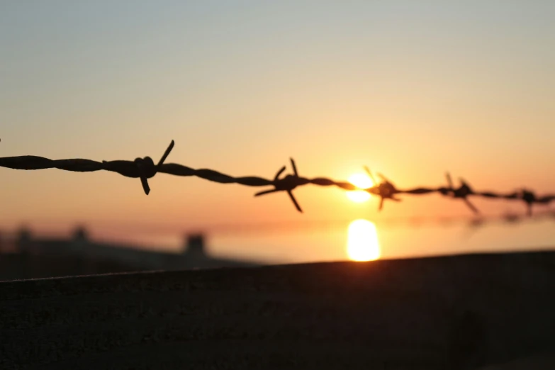 barbed wire fence and sunset at dawn