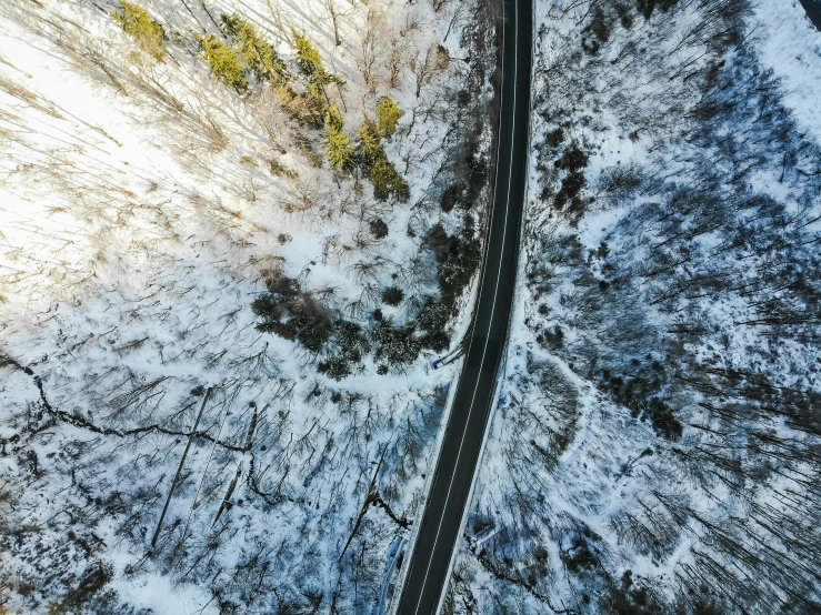 this aerial s shows a snow covered road