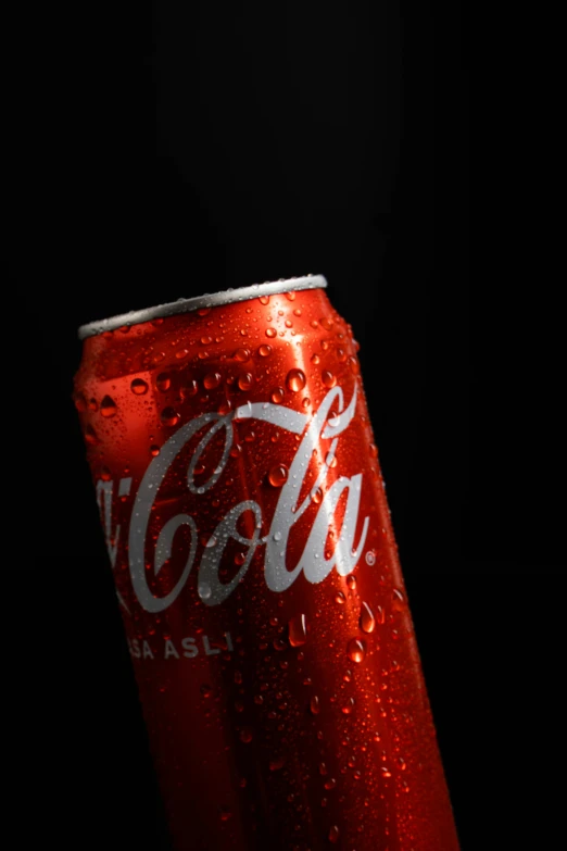 a can of coca - cola sits alone in the dark