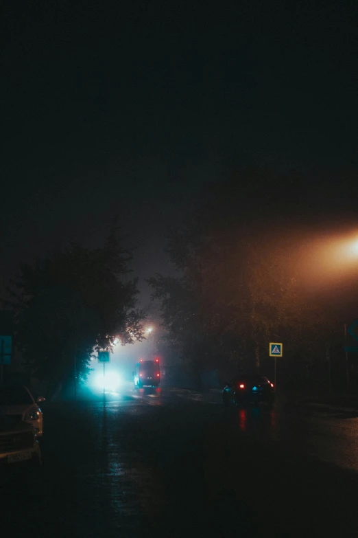 some cars and street lights at night on a dark street