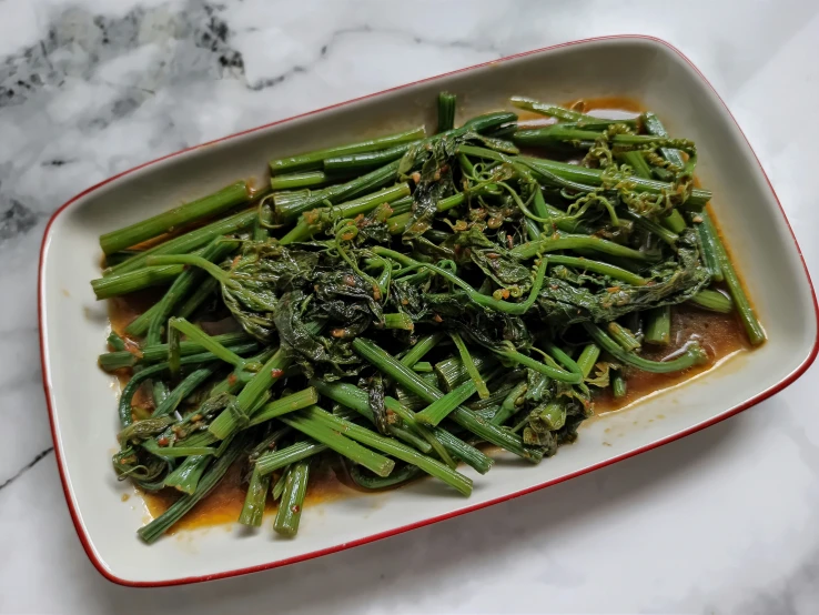 a plate full of green beans and broccoli covered in sauce