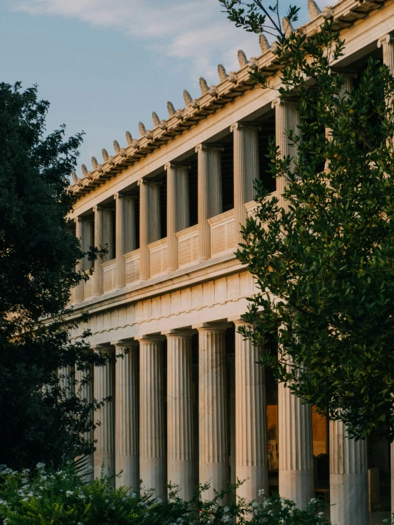 trees and bushes surround the front of a white building