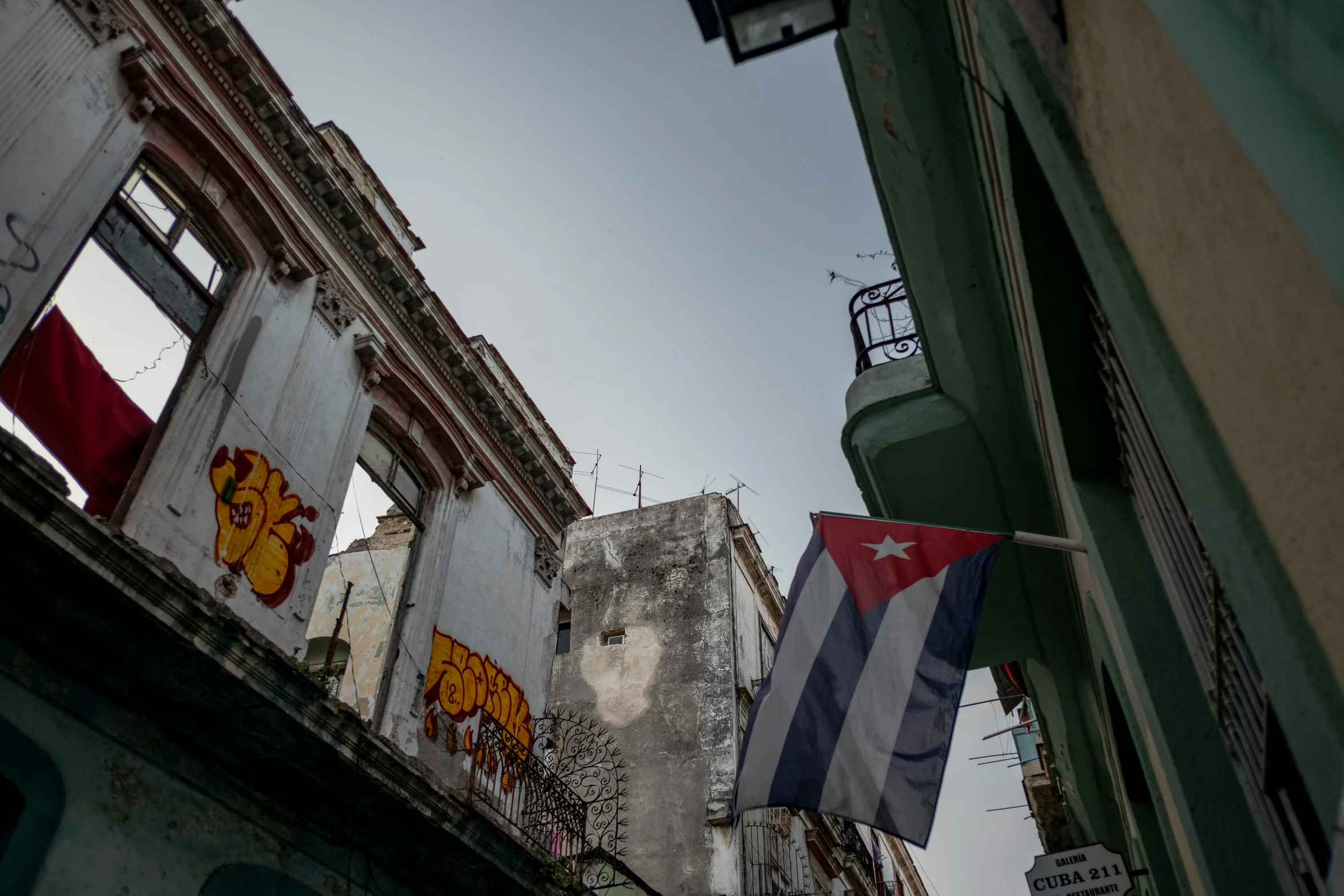 flag and banners on buildings of some sort