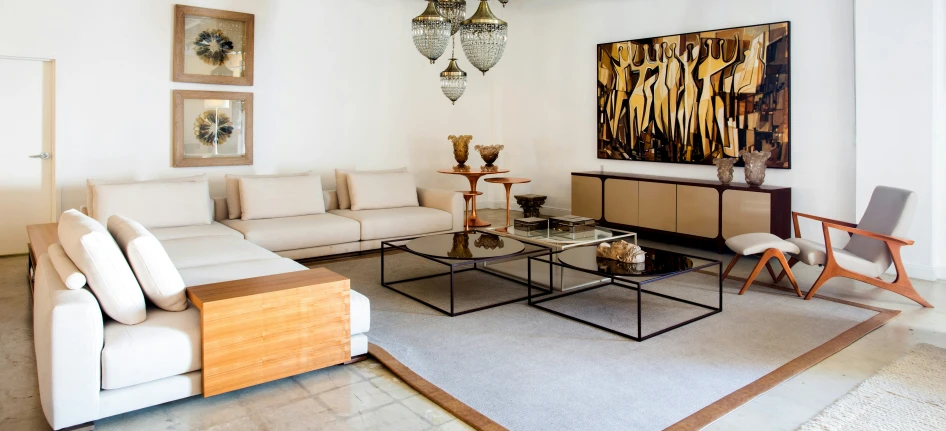 modern living room with white couch and black tables