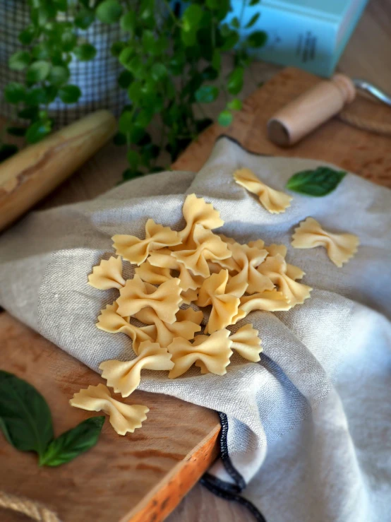 homemade pasta on top of a cloth covered wooden  board