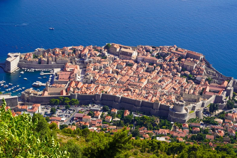 an aerial view of a city and its harbor