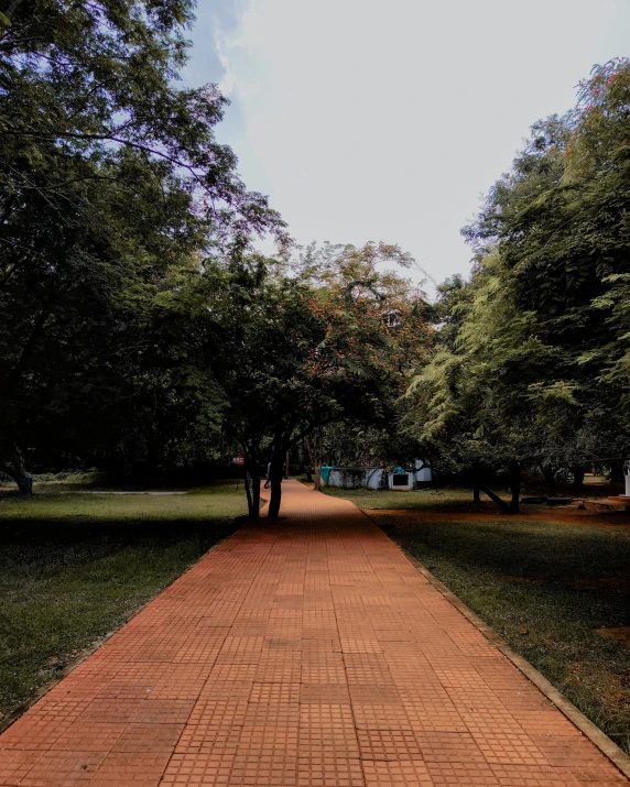 a red brick path stretching to a park with trees