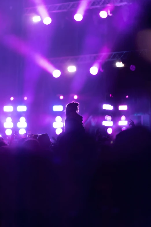 a person stands at the front of a crowd and lights are glowing down on a purple stage