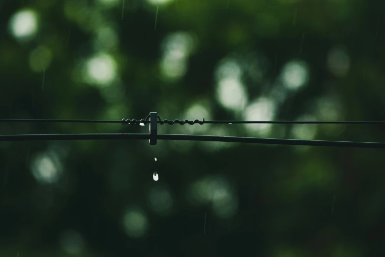 a single raindrop on top of a wire