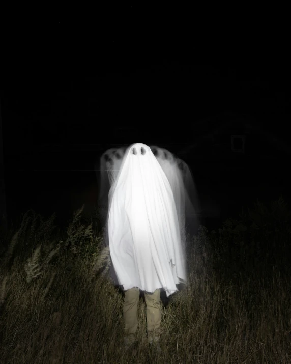 ghost in grassy field with dark background at night