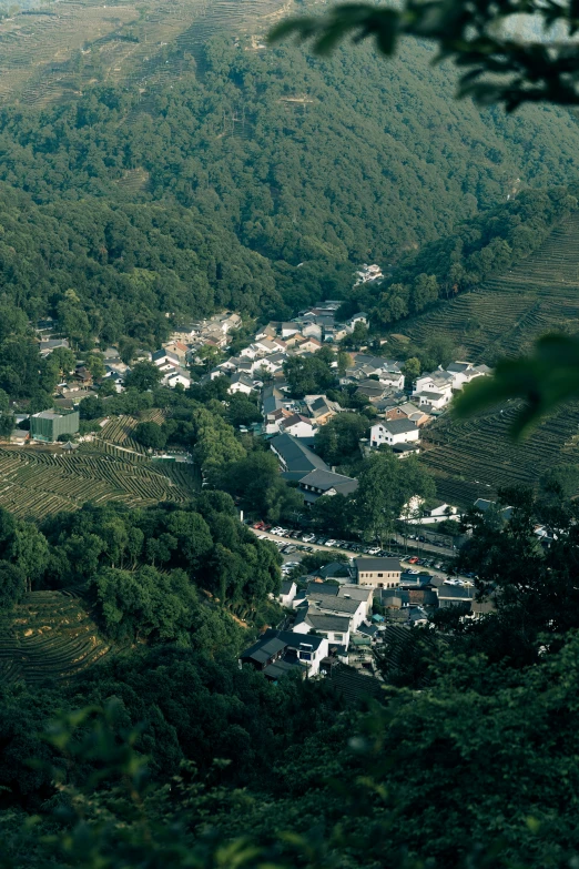 a large village is in the middle of some hills