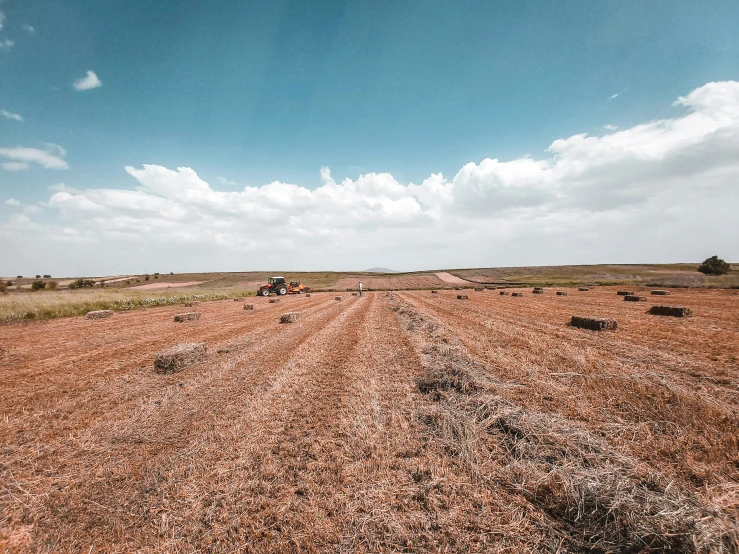 two tractor trailers are driving through a dusty field