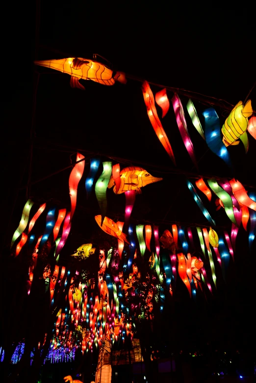 lit up lanterns suspended from a dark night sky