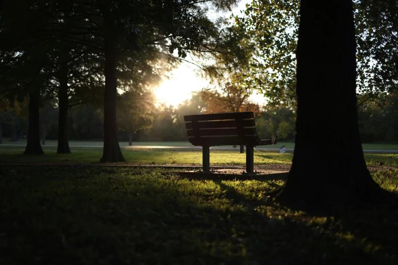 an empty park bench is shown in the sunset