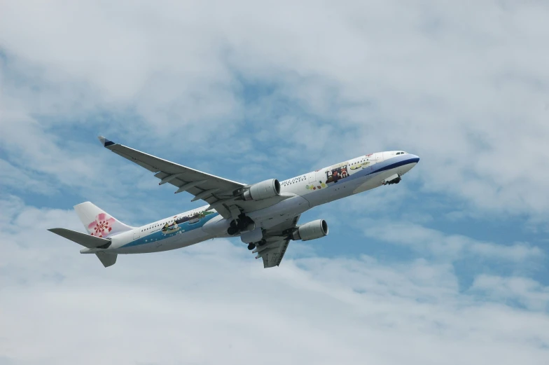 a large jetliner flying through a cloudy blue sky