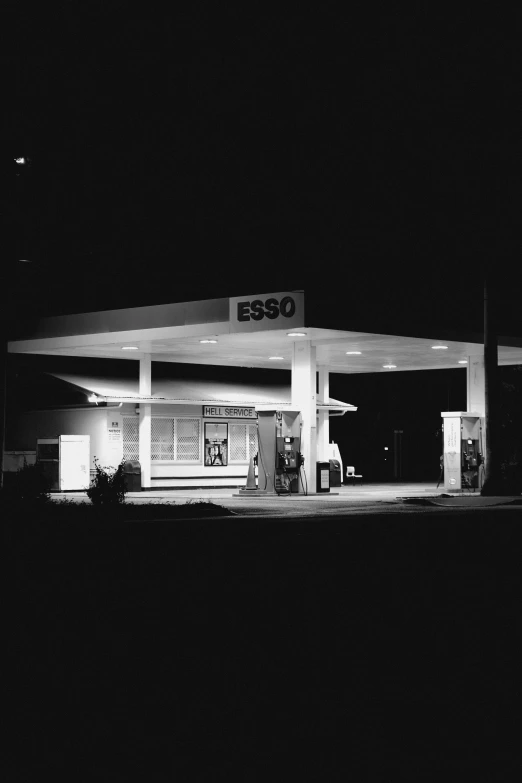 a black and white po of gas pump at night