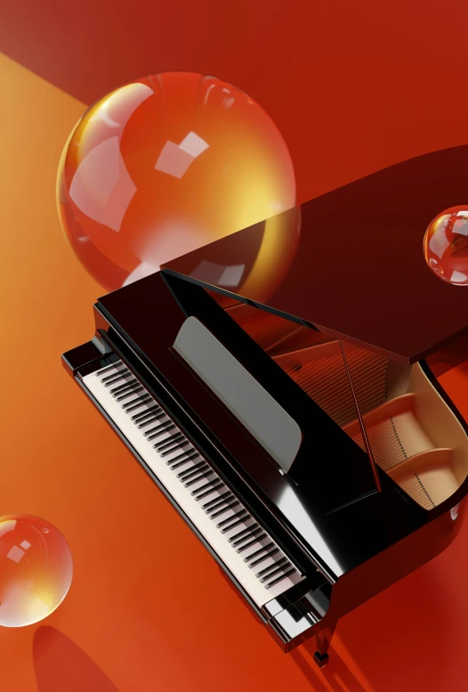 a piano and red orbs with orange background