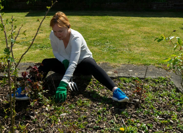 a person is kneeling down near a bush