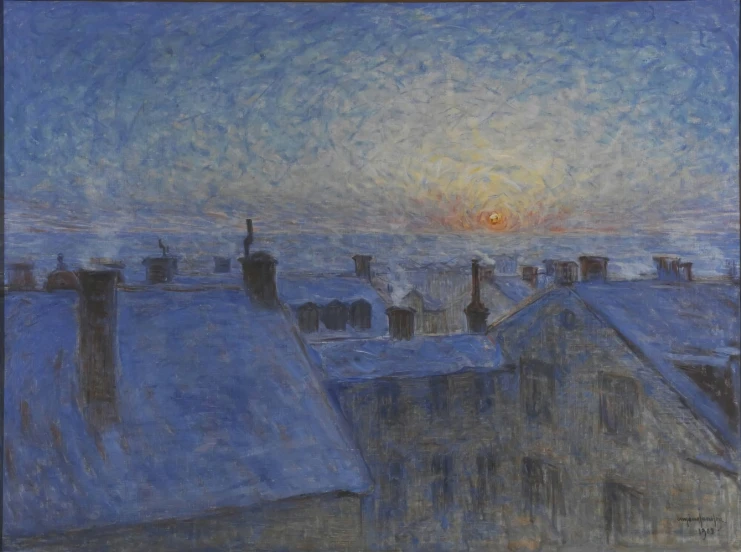 a painting of a sunset in the background, with a snowy landscape