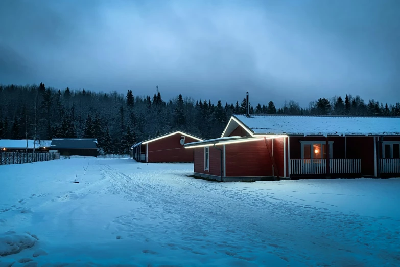 some small buildings are covered in snow and a few trees are seen