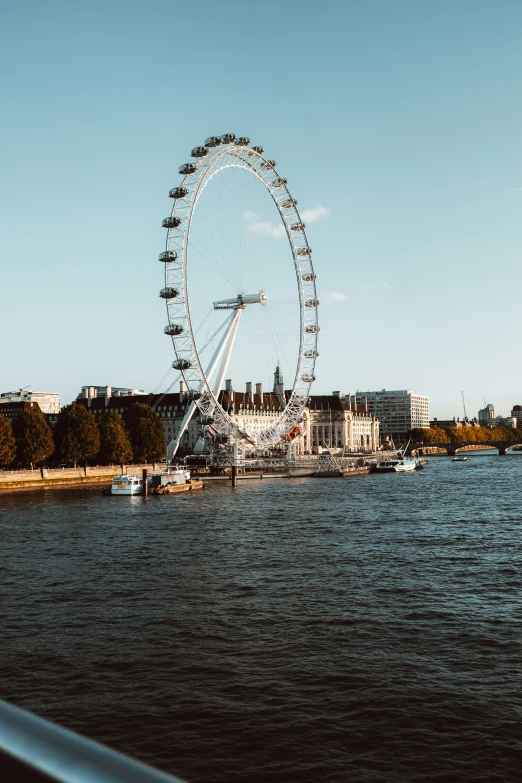 a large ferris wheel sitting on the side of a river