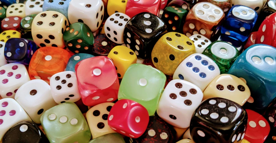 close up of several dices in a pile