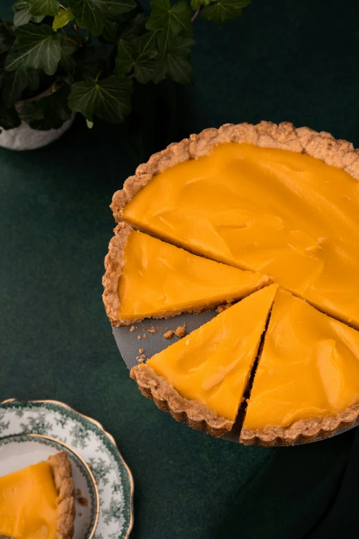 a homemade lemon custard pie sits next to a plate with a green vase and plant