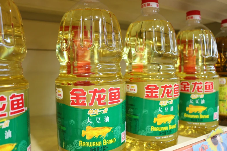 bottles of cooking oil in an asian kitchen