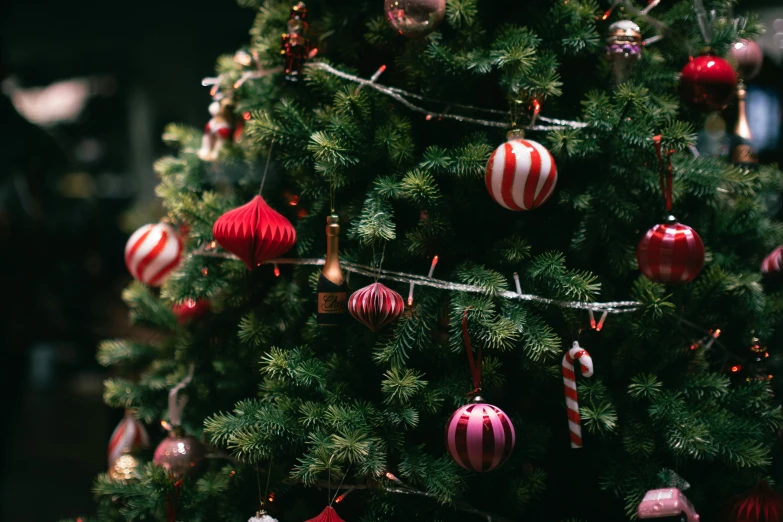 christmas ornaments hanging from a tree, including red and white balls