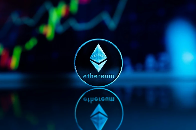 ethereum logo illuminated on a monitor