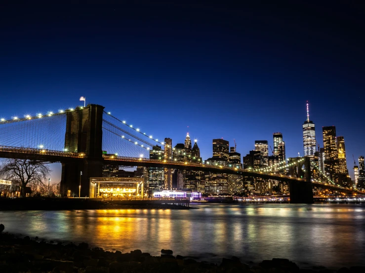 the city lights and bridge in the distance over the water