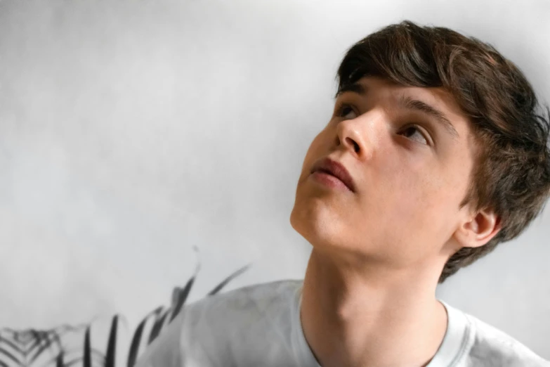 a boy with brown hair and eyes, looking upwards