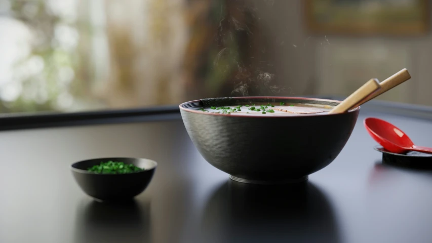 a bowl of soup with broth and some spices next to it