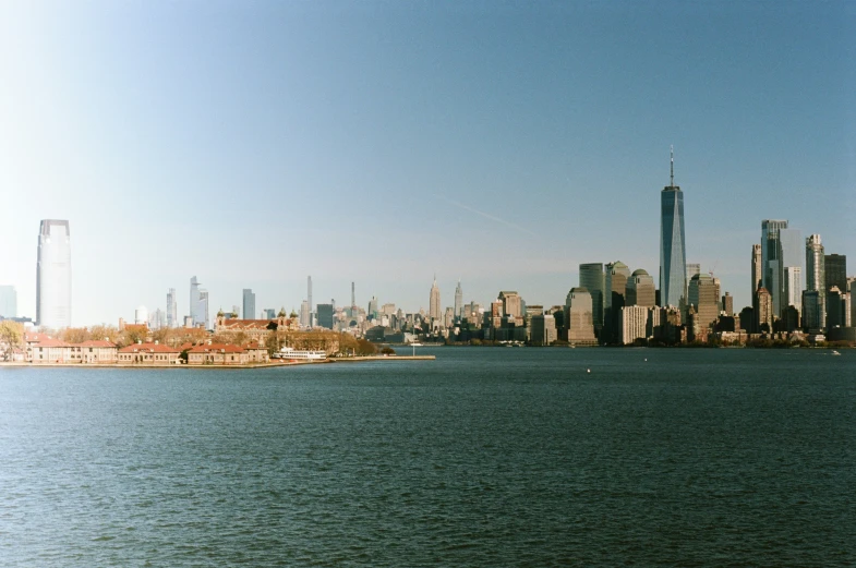 a large body of water with a city skyline in the background