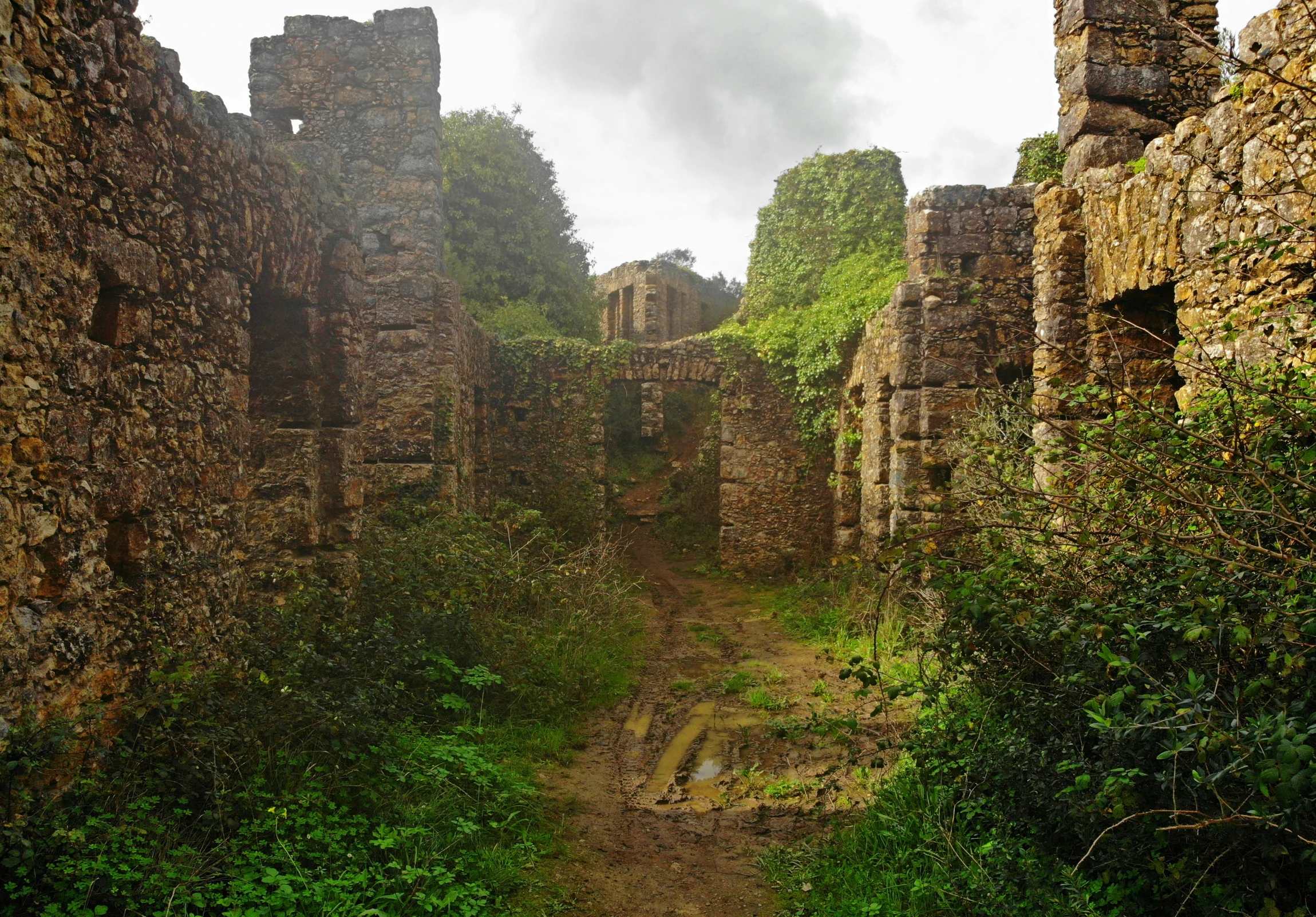 a dirt path is surrounded by tall brick buildings