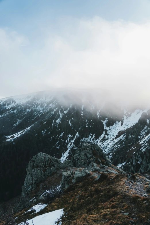 a man standing on top of a snow covered mountain