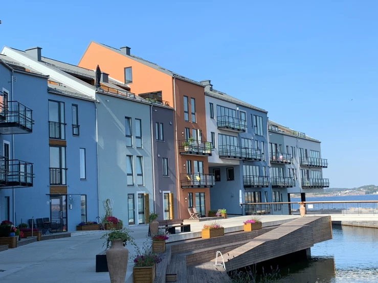 colorful apartment buildings line the waterfront near water