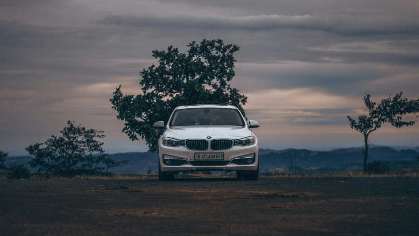 a car is parked on a barren road near two trees