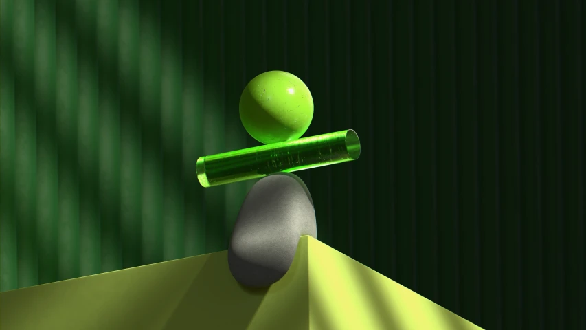 a green object sitting on top of an object in the middle of the room