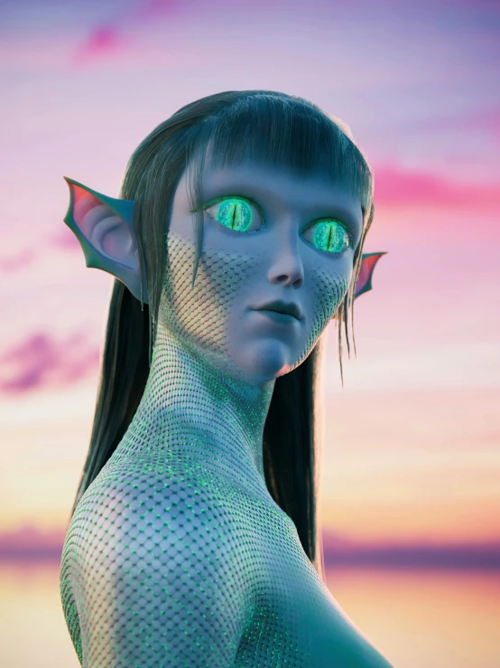 a woman with green eyes and a dragon wing