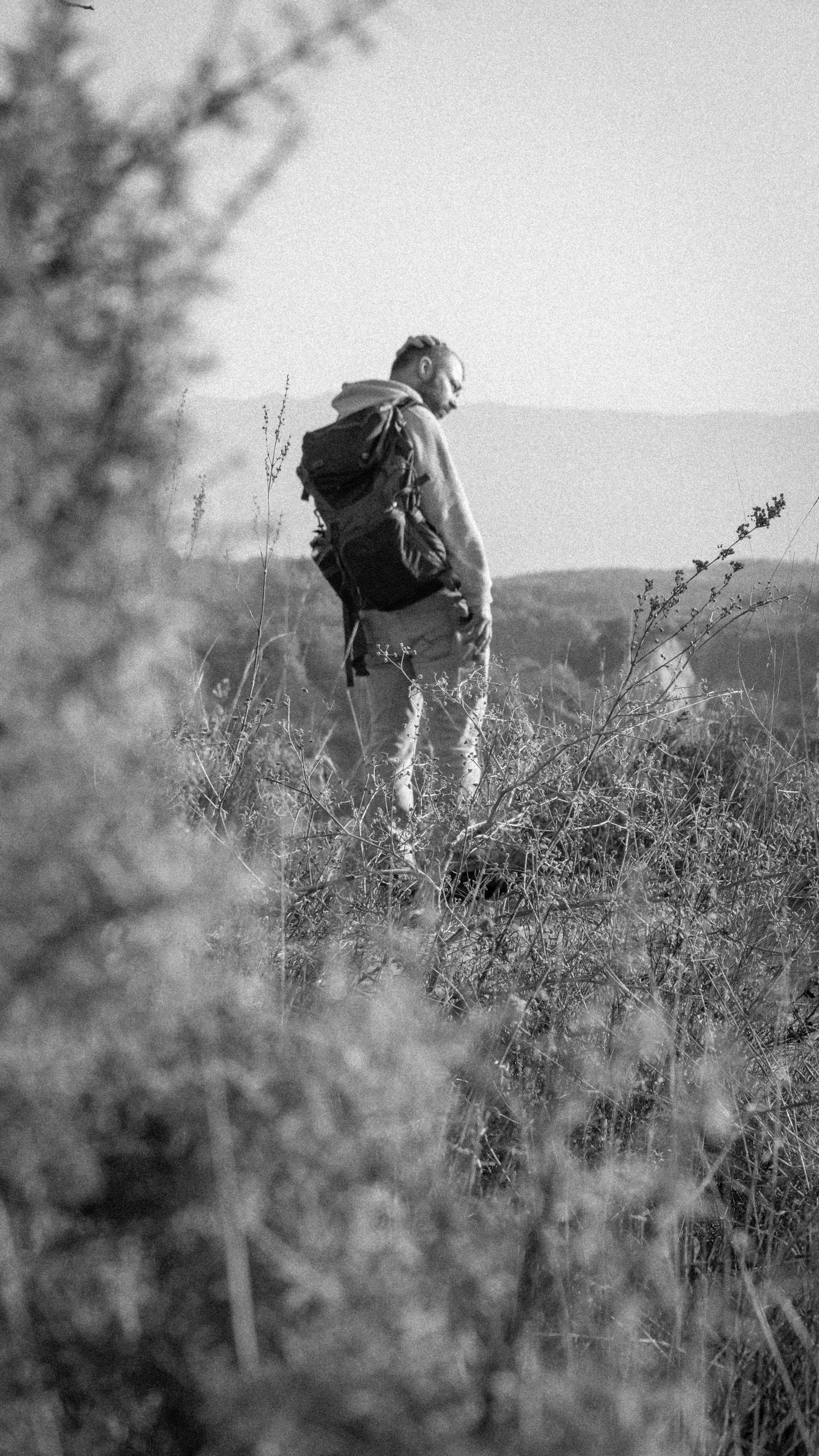 a person standing in tall grass with a back pack