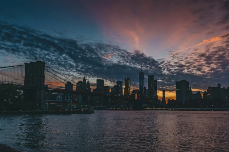 a city skyline as seen from the water with clouds